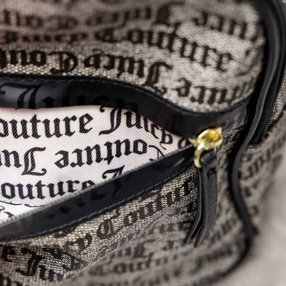 Juicy Couture Black Gray Logo Goth Our Zip Says it All Backpack Gold Hardware